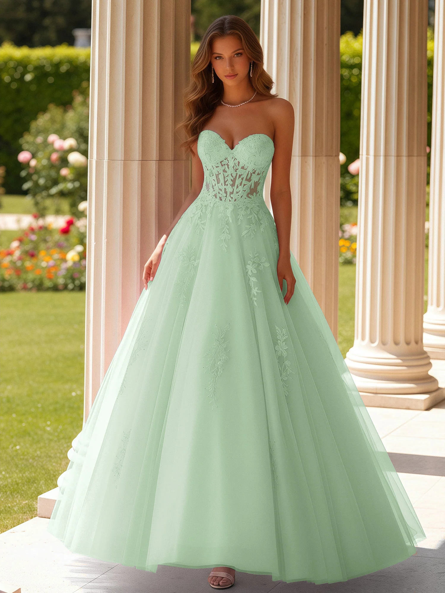 Lace Sweetheart Sheer Corset Applique Tulle Dress Dusty Sage