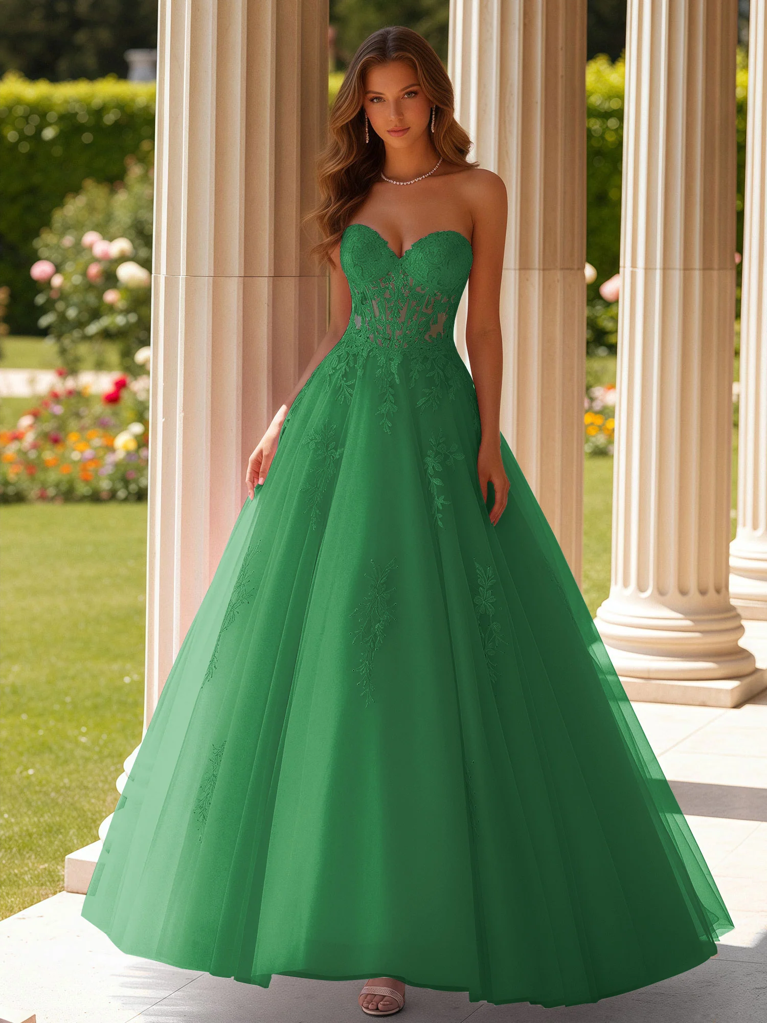Lace Sweetheart Sheer Corset Applique Tulle Dress Emerald