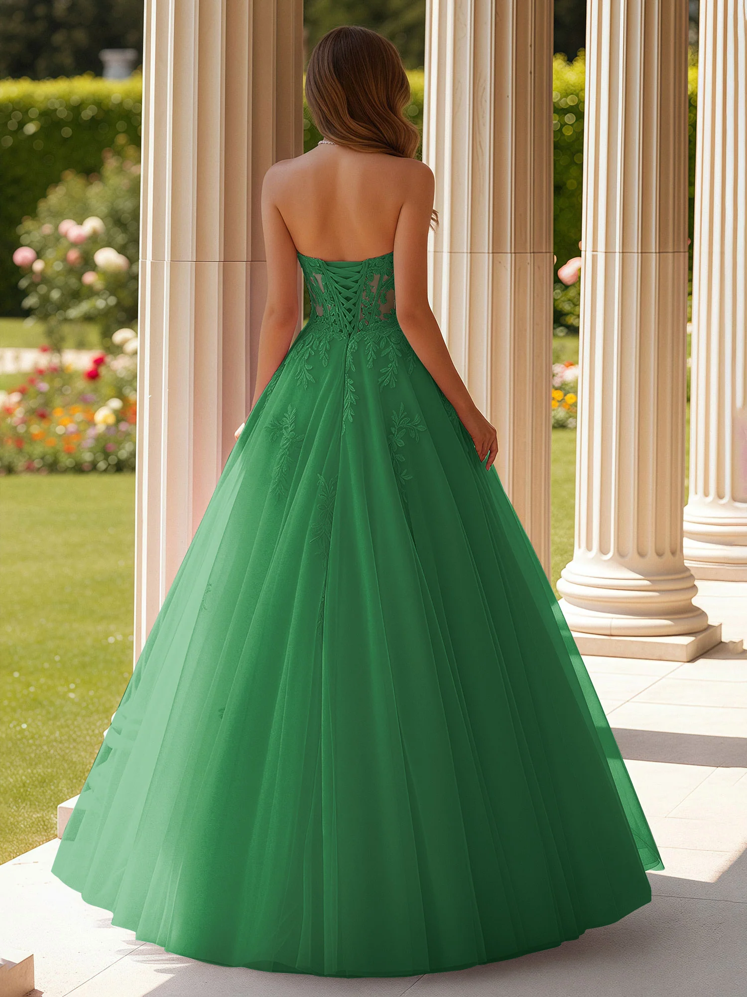 Lace Sweetheart Sheer Corset Applique Tulle Dress Emerald - Image 2