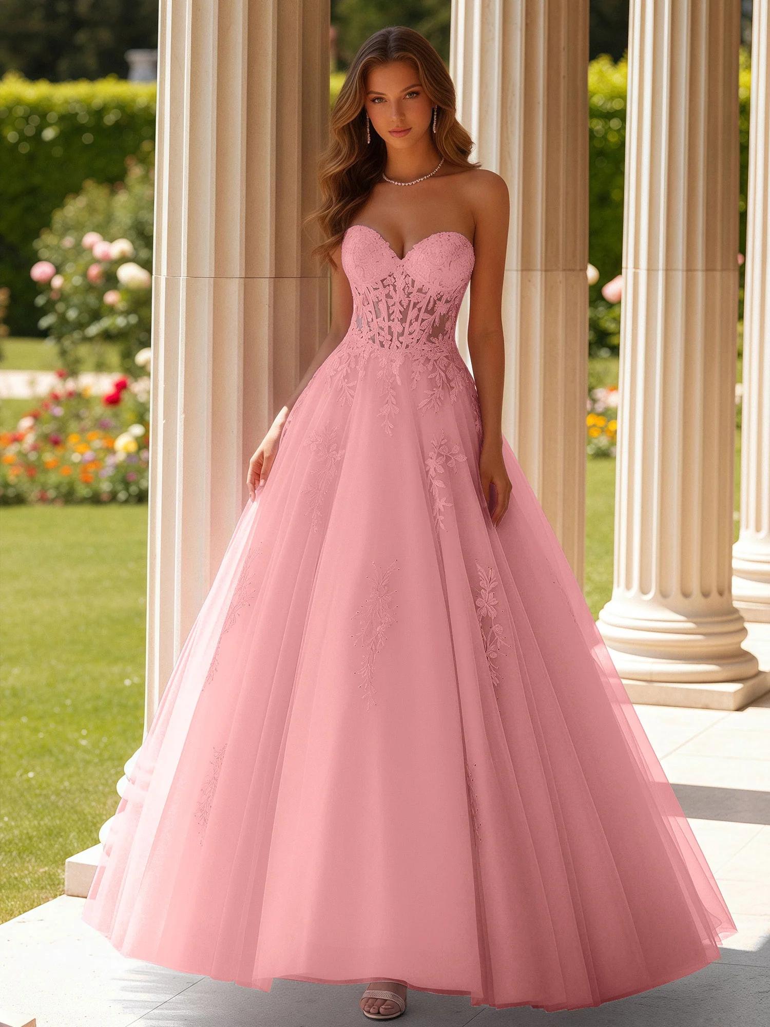 Lace Sweetheart Sheer Corset Applique Tulle Dress Flamingo