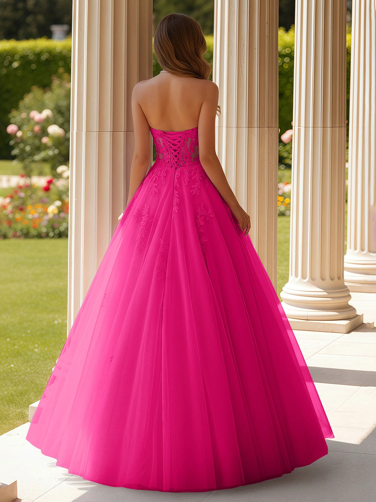 Lace Sweetheart Sheer Corset Applique Tulle Dress Fuchsia - Image 2