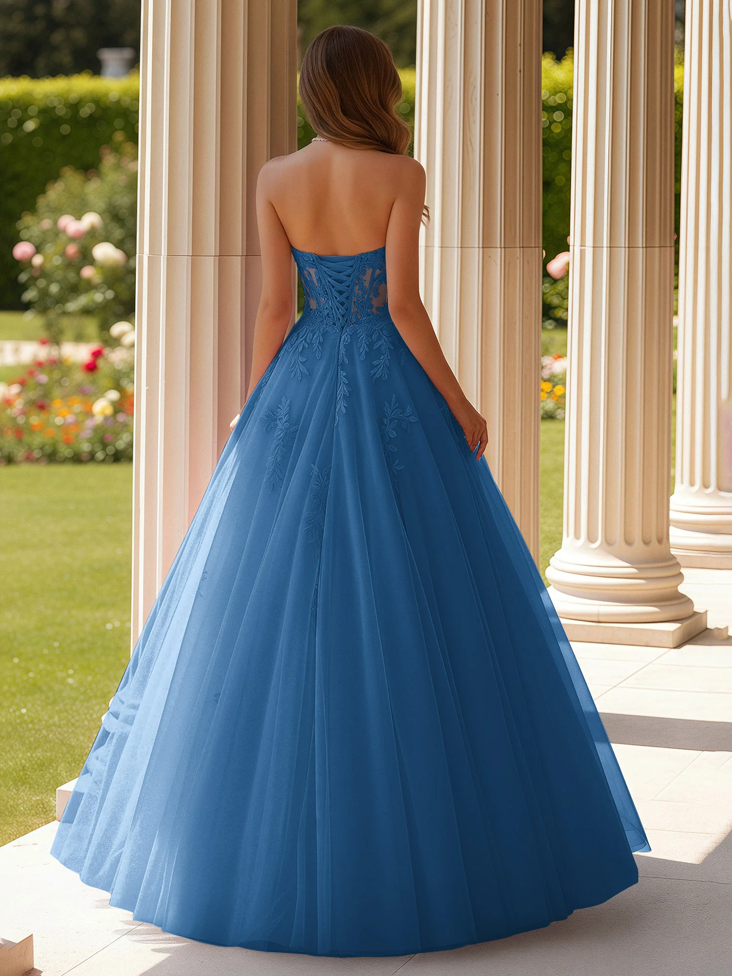 Lace Sweetheart Sheer Corset Applique Tulle Dress Ink Blue - Image 2