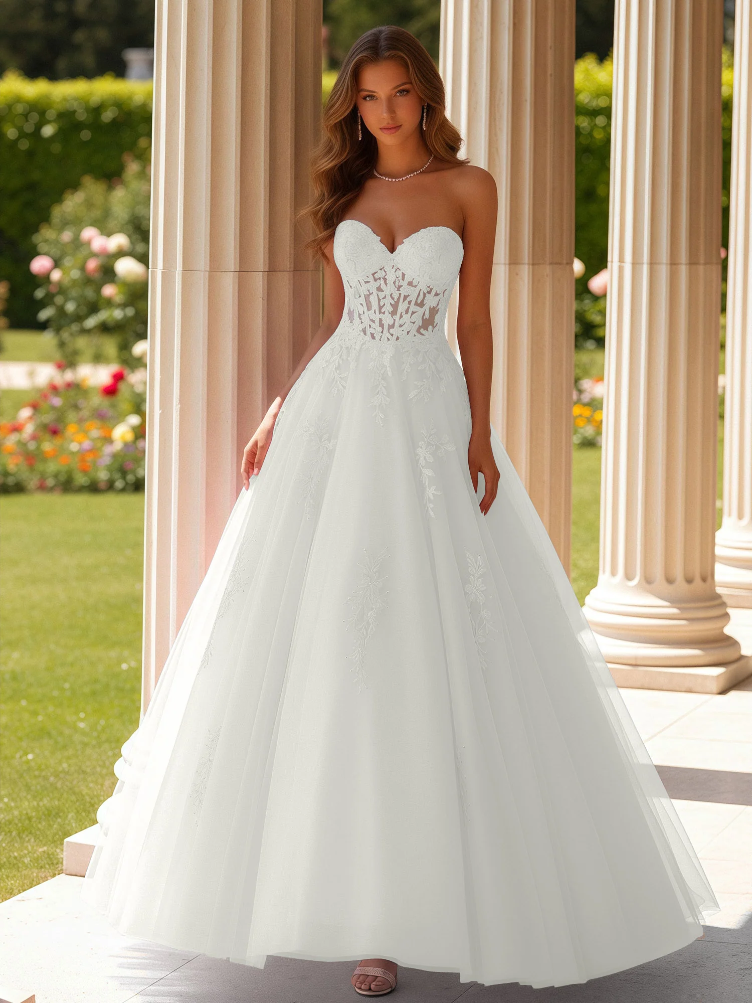 Lace Sweetheart Sheer Corset Applique Tulle Dress Ivory