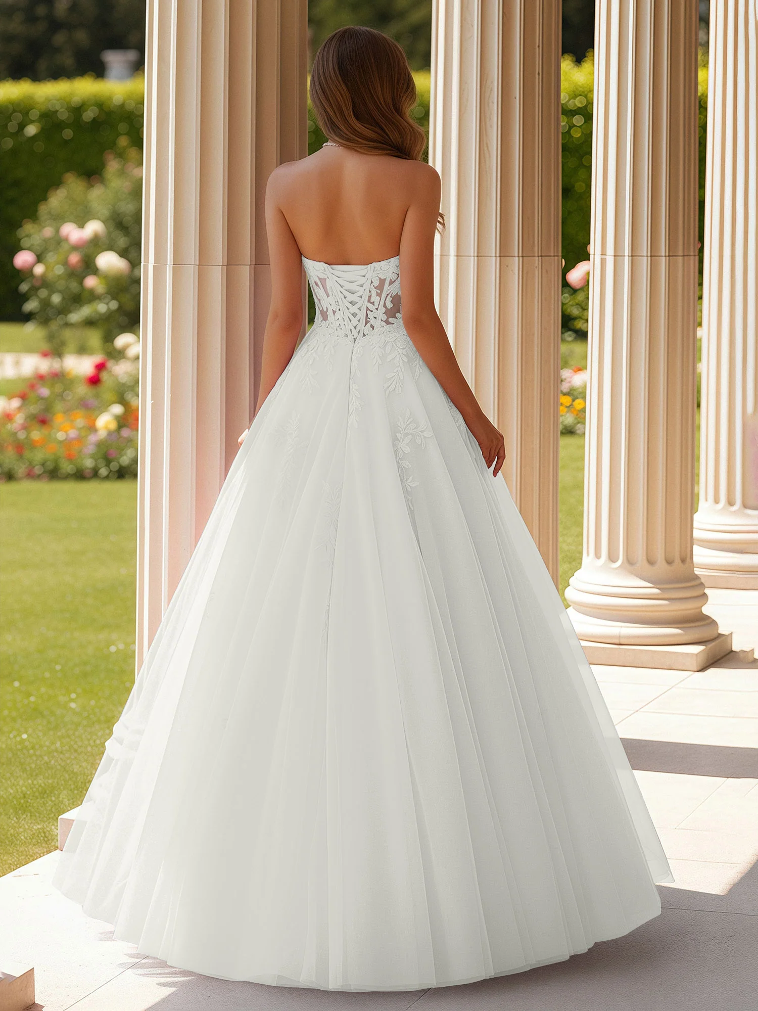 Lace Sweetheart Sheer Corset Applique Tulle Dress Ivory - Image 2