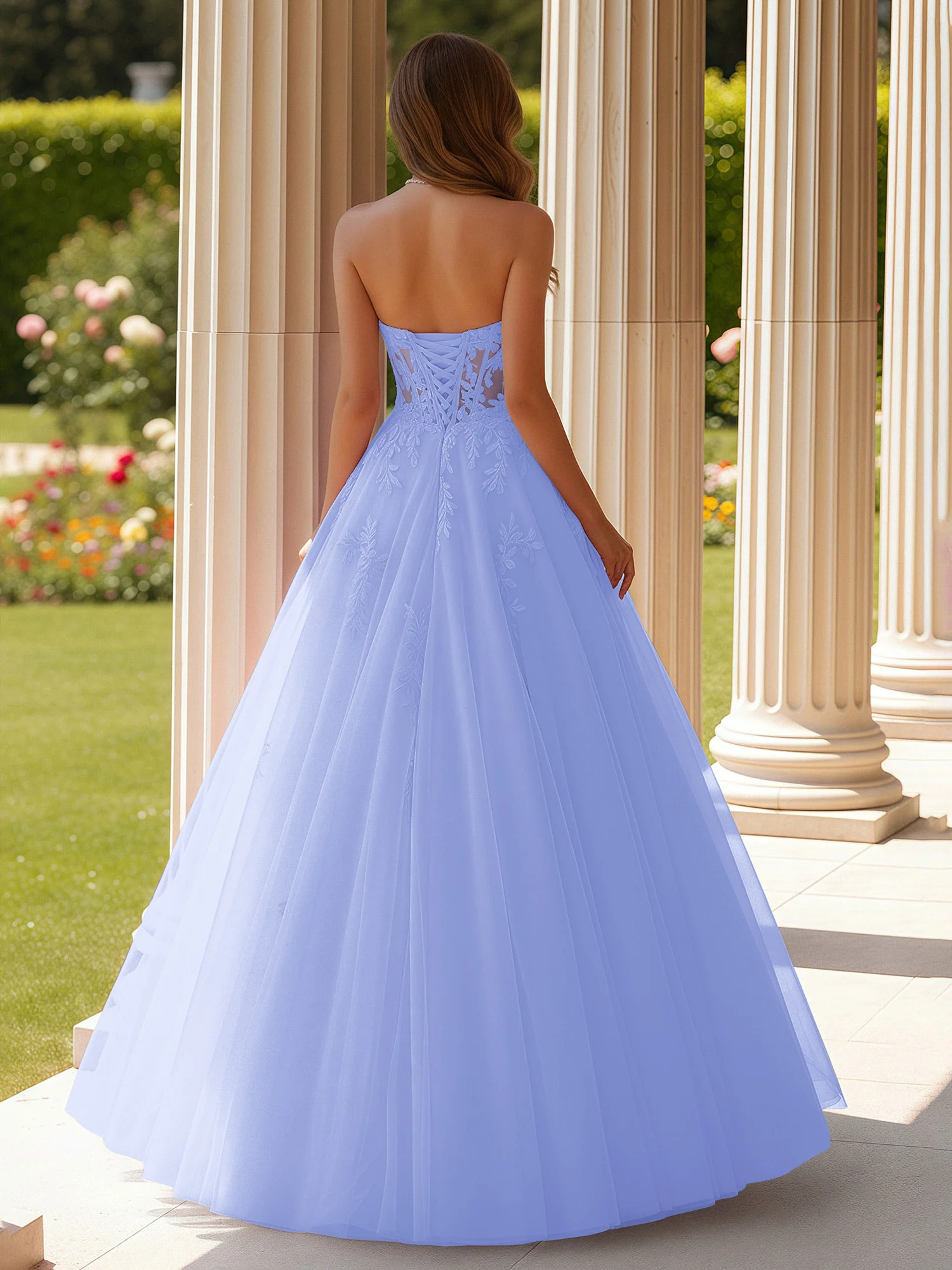 Lace Sweetheart Sheer Corset Applique Tulle Dress Lavender - Image 2