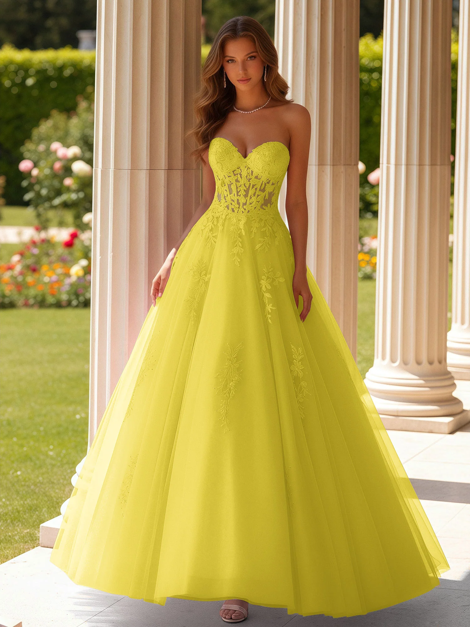 Lace Sweetheart Sheer Corset Applique Tulle Dress Lemon