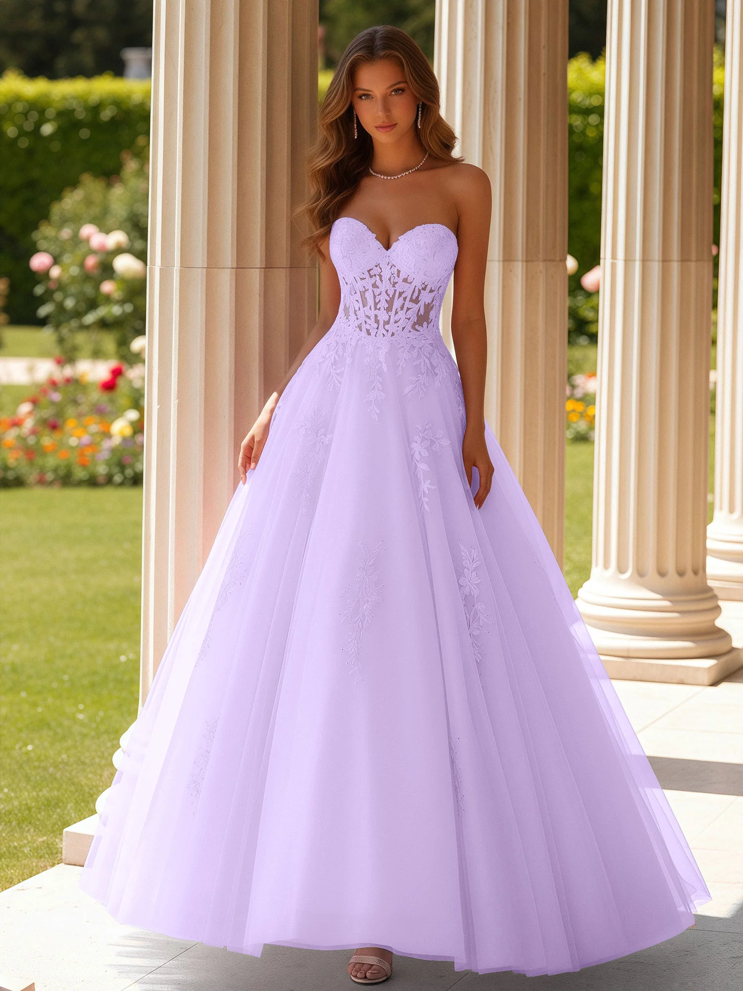 Lace Sweetheart Sheer Corset Applique Tulle Dress Lilac
