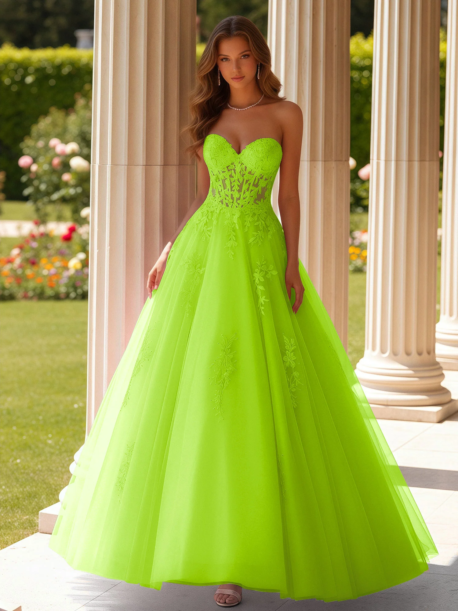 Lace Sweetheart Sheer Corset Applique Tulle Dress Lime Green