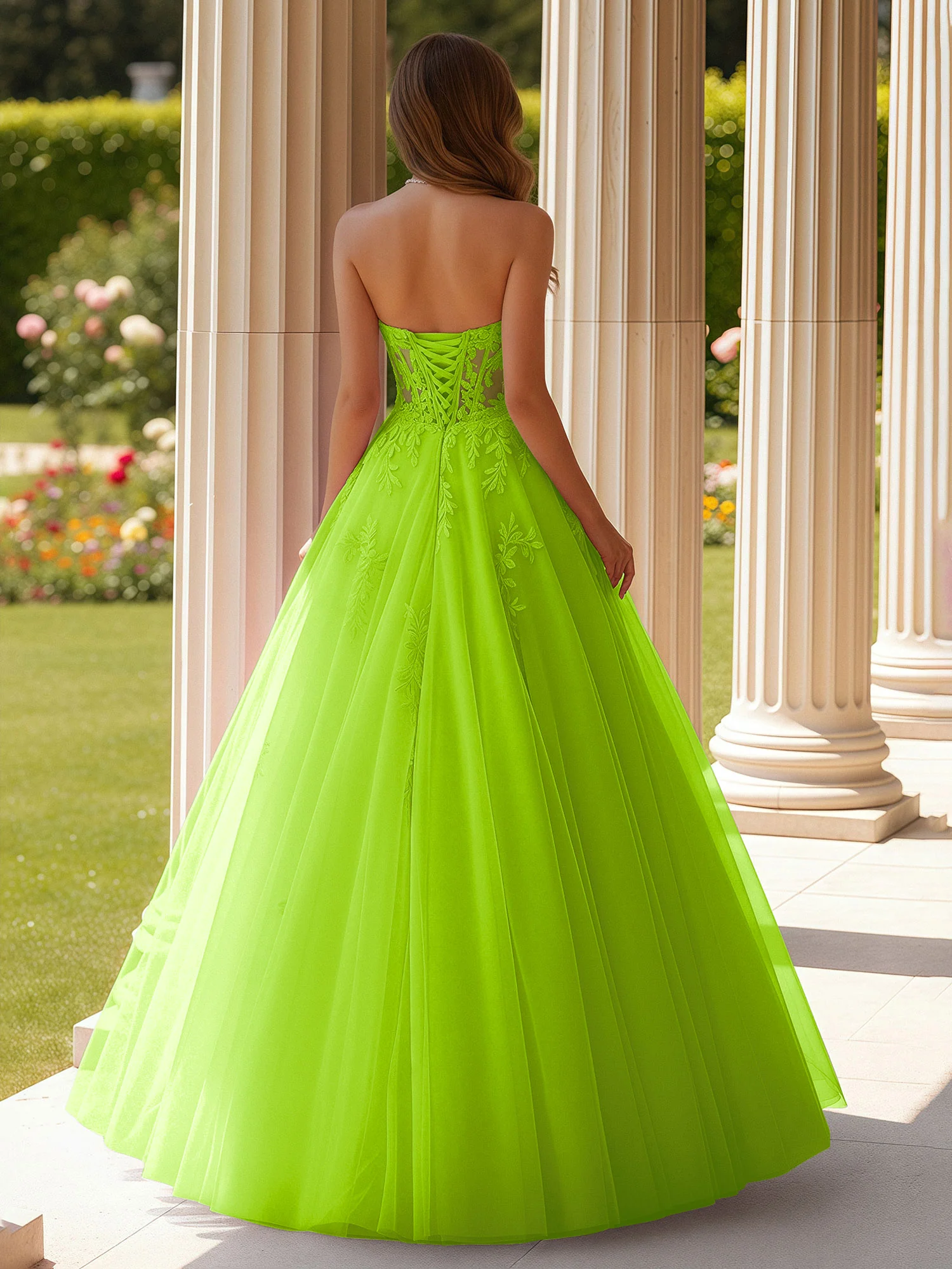 Lace Sweetheart Sheer Corset Applique Tulle Dress Lime Green - Image 2