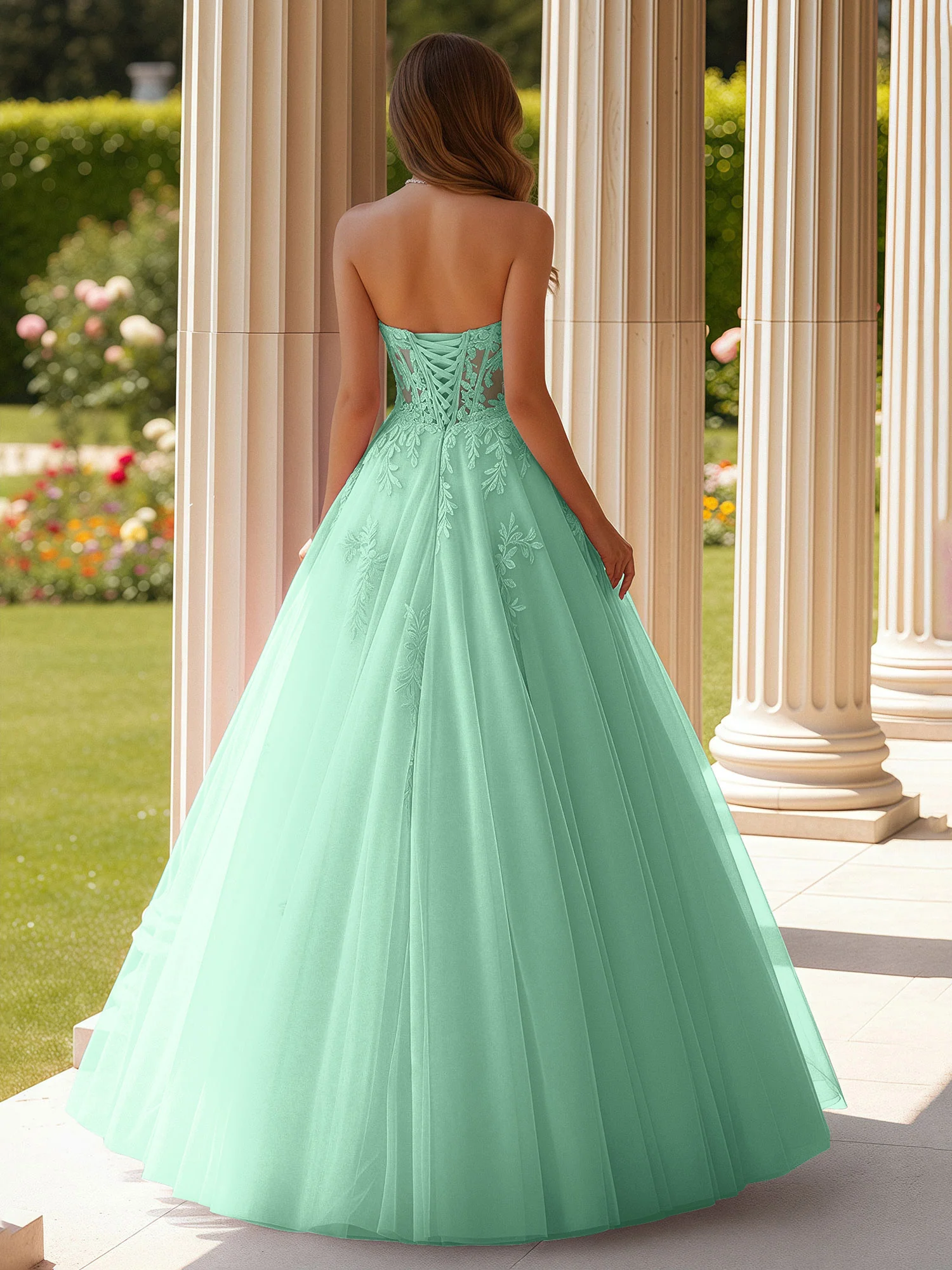 Lace Sweetheart Sheer Corset Applique Tulle Dress Mint Green - Image 2