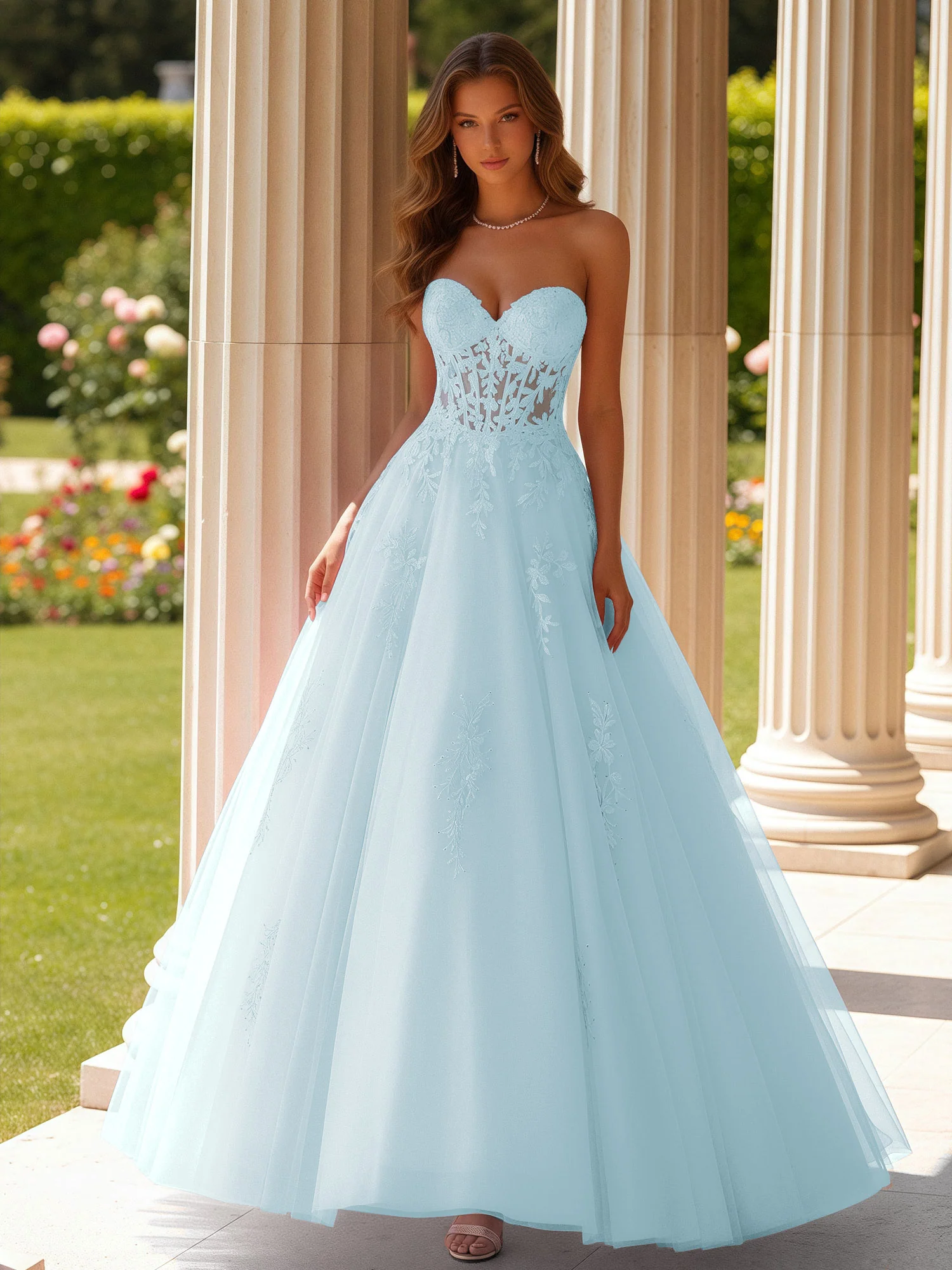 Lace Sweetheart Sheer Corset Applique Tulle Dress Mist