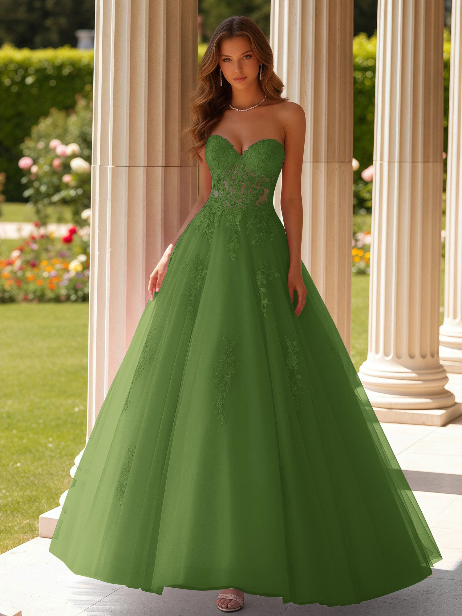 Lace Sweetheart Sheer Corset Applique Tulle Dress Moss