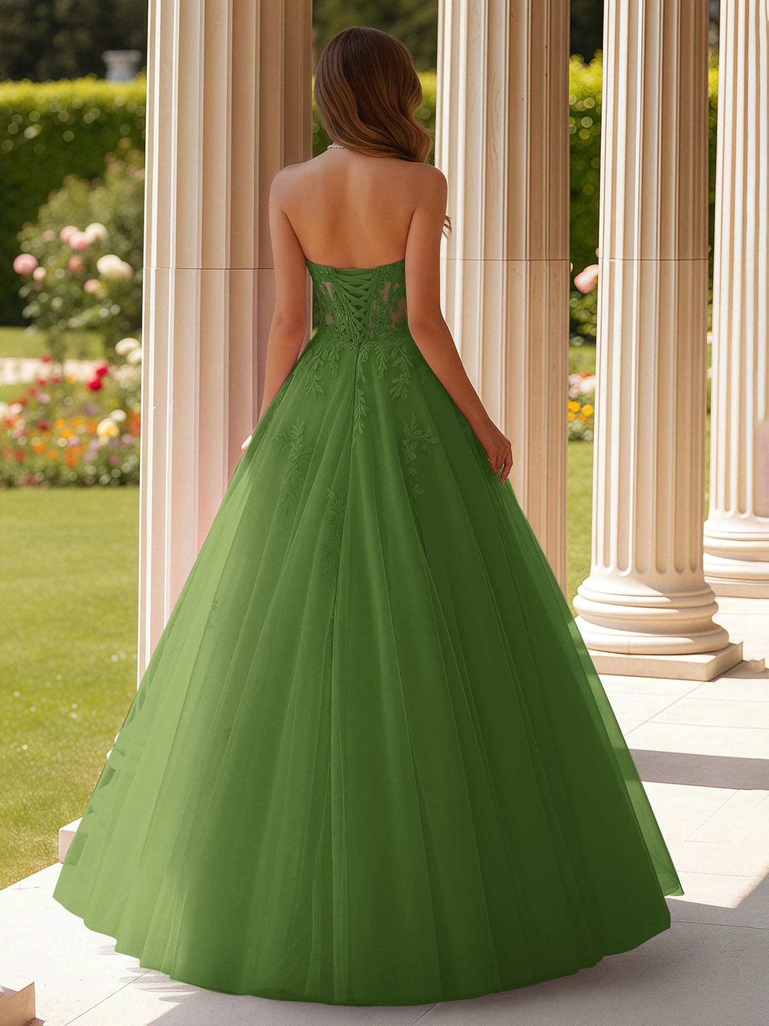 Lace Sweetheart Sheer Corset Applique Tulle Dress Moss - Image 2