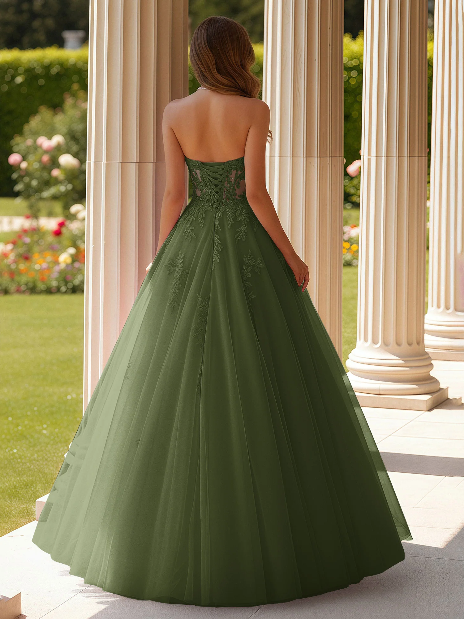 Lace Sweetheart Sheer Corset Applique Tulle Dress Olive Green - Image 2