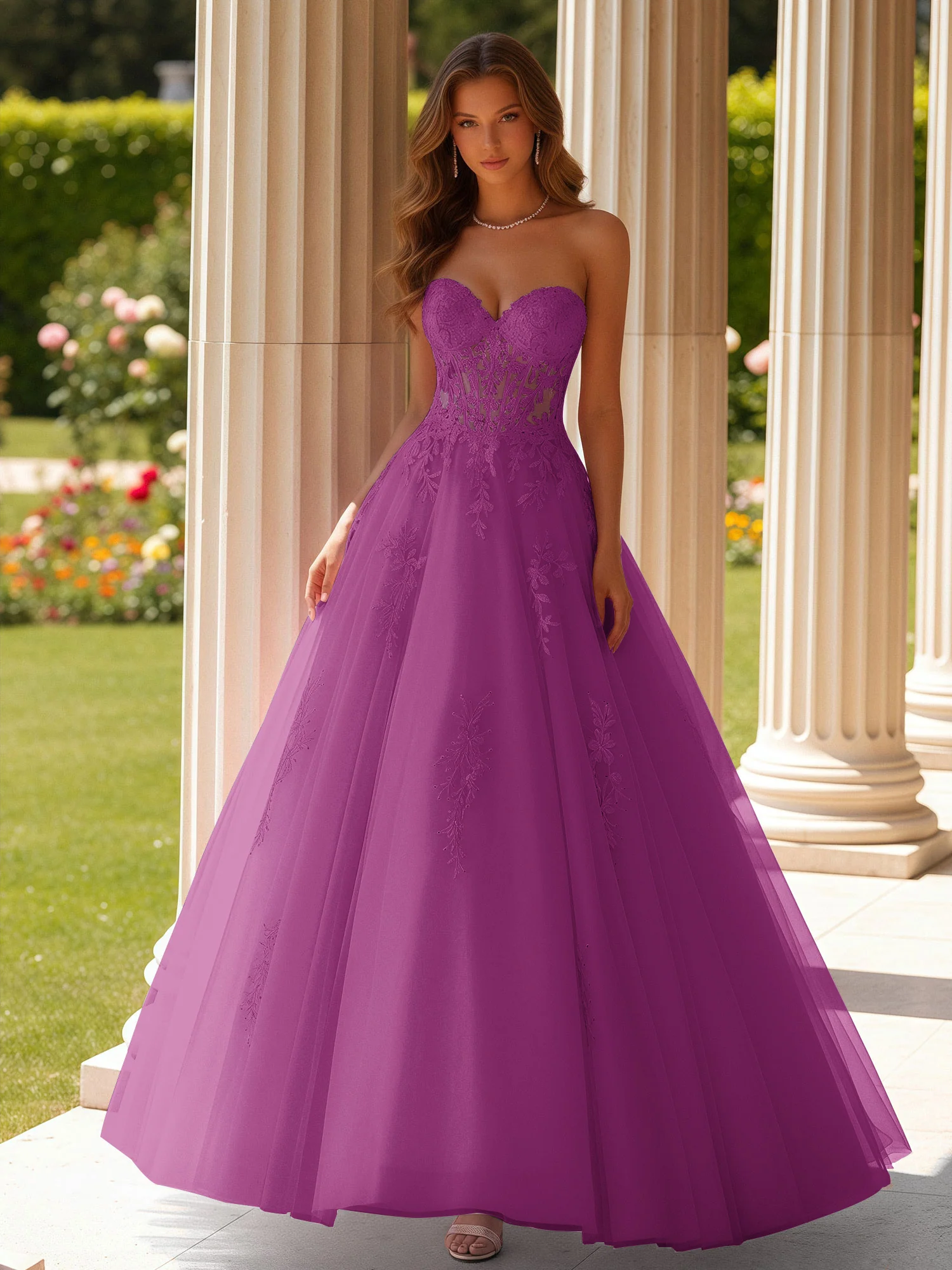 Lace Sweetheart Sheer Corset Applique Tulle Dress Orchid