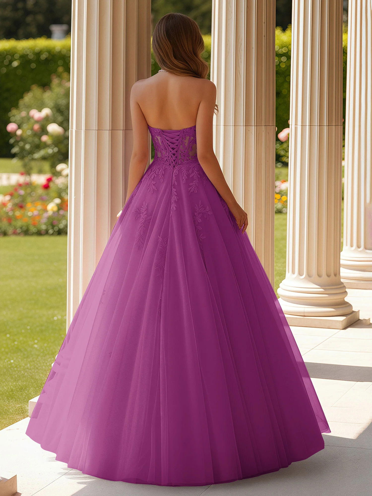 Lace Sweetheart Sheer Corset Applique Tulle Dress Orchid - Image 2