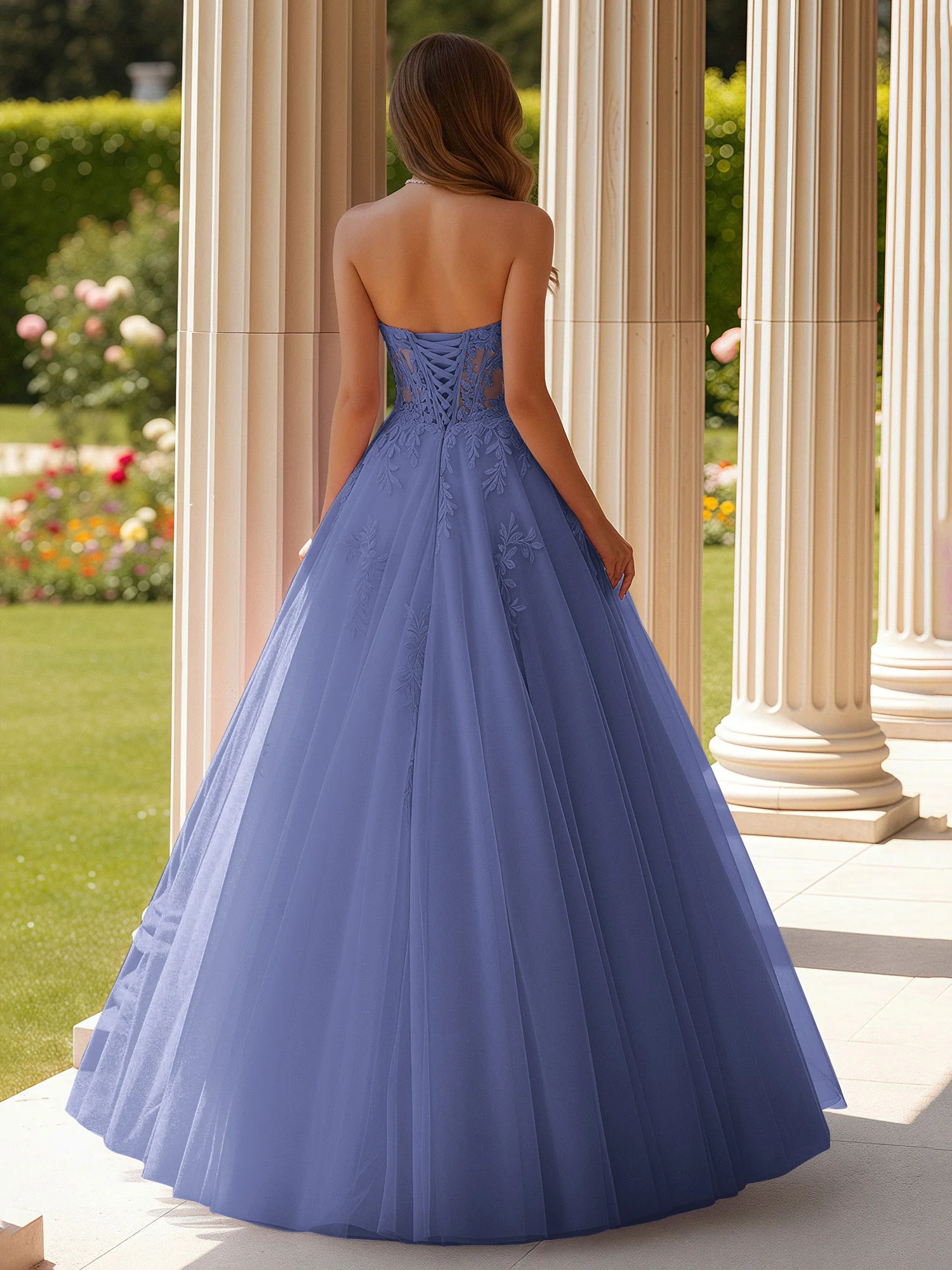 Lace Sweetheart Sheer Corset Applique Tulle Dress Periwinkle - Image 2
