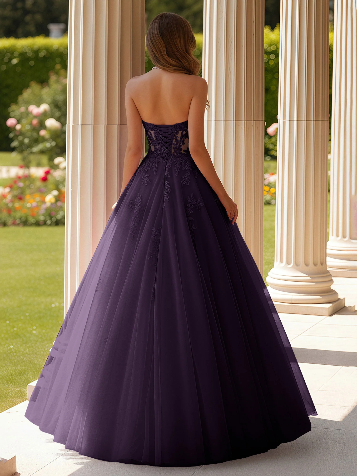 Lace Sweetheart Sheer Corset Applique Tulle Dress Plum - Image 2