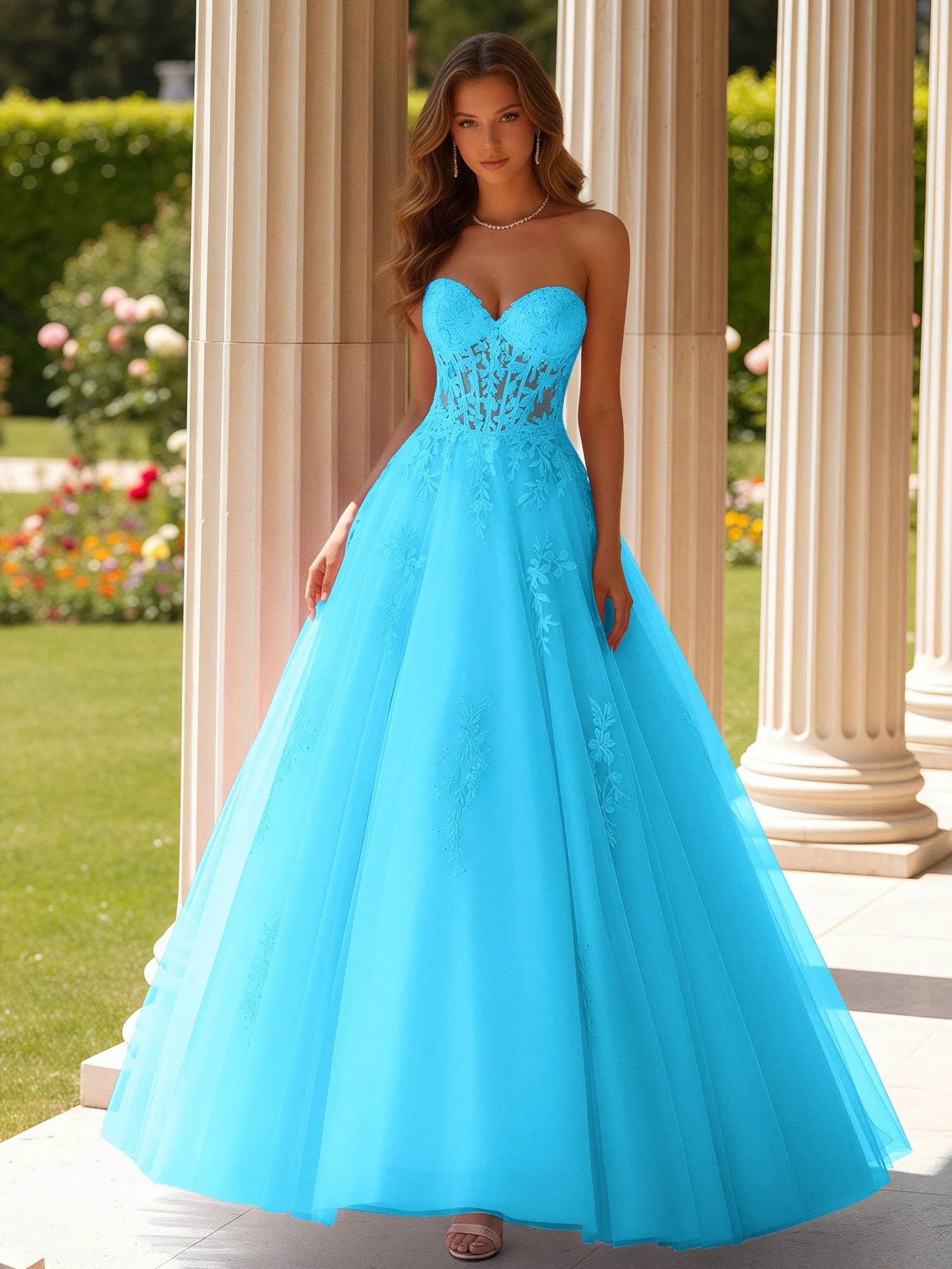 Lace Sweetheart Sheer Corset Applique Tulle Dress Pool