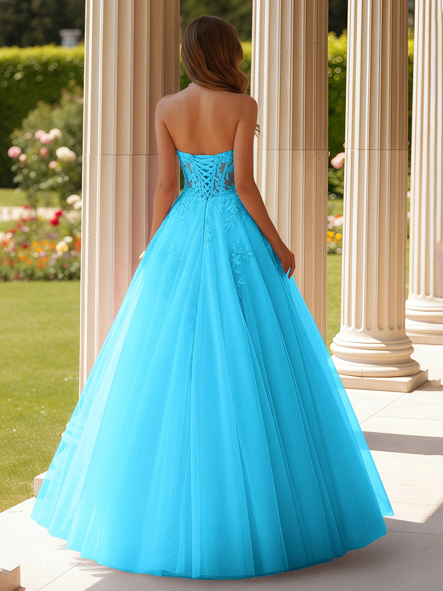 Lace Sweetheart Sheer Corset Applique Tulle Dress Pool - Image 2
