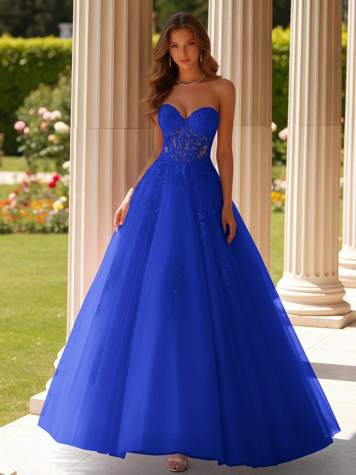 Lace Sweetheart Sheer Corset Applique Tulle Dress Royal Blue