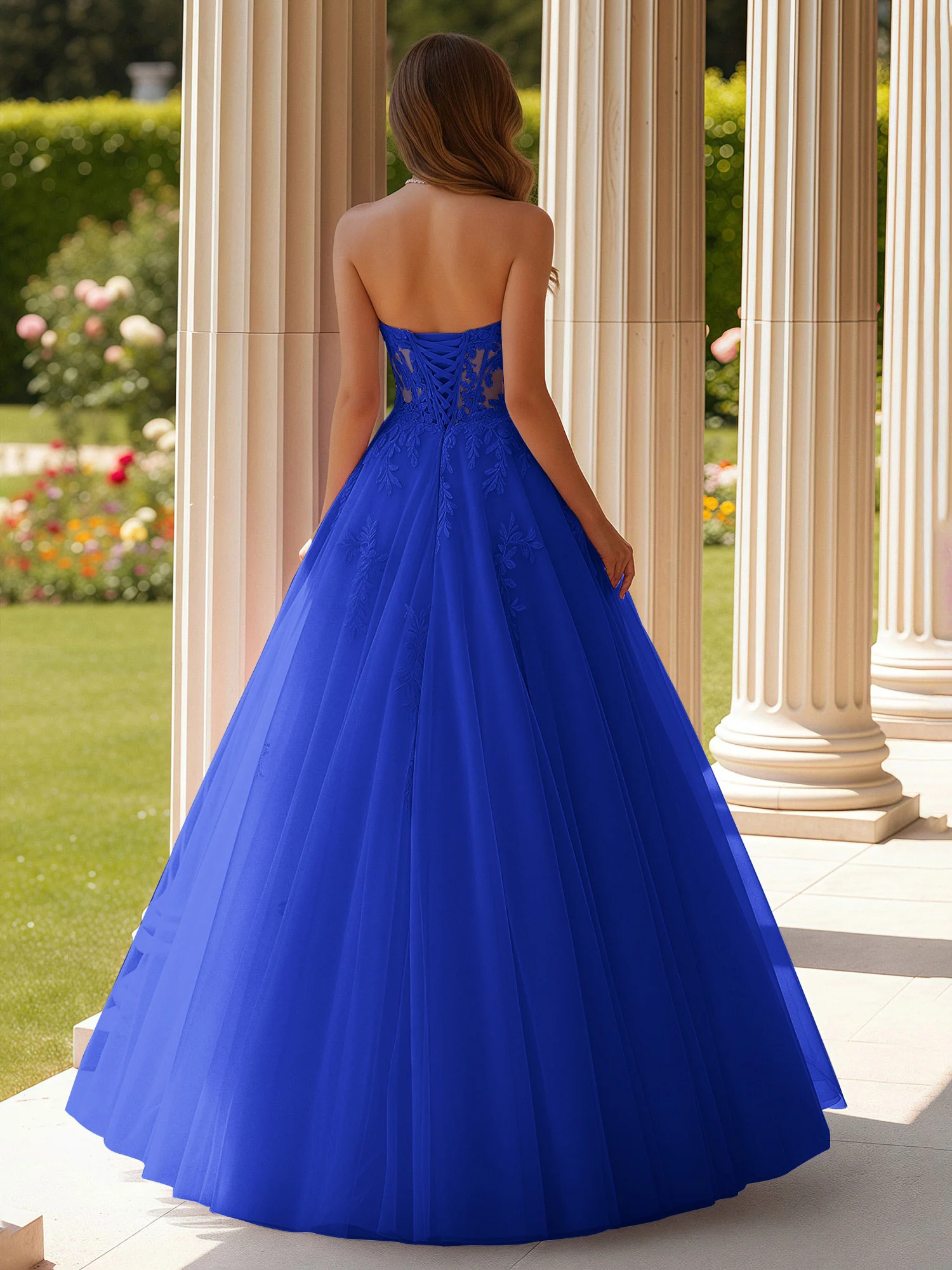 Lace Sweetheart Sheer Corset Applique Tulle Dress Royal Blue - Image 2