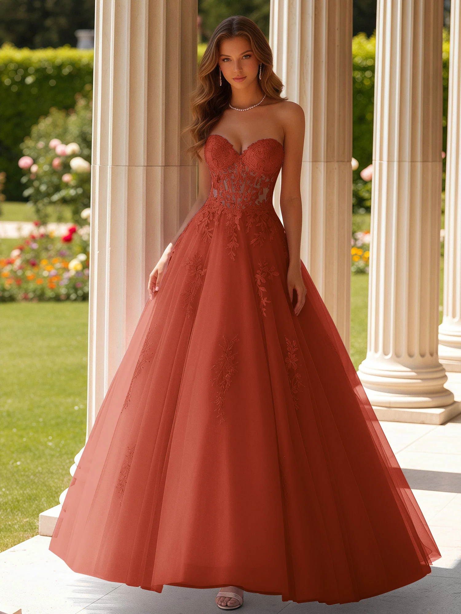Lace Sweetheart Sheer Corset Applique Tulle Dress Rust