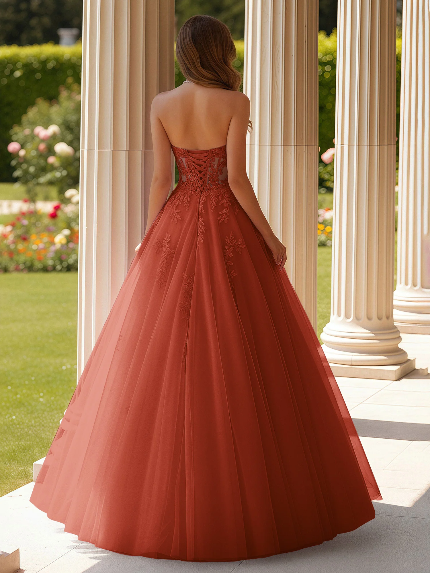 Lace Sweetheart Sheer Corset Applique Tulle Dress Rust - Image 2