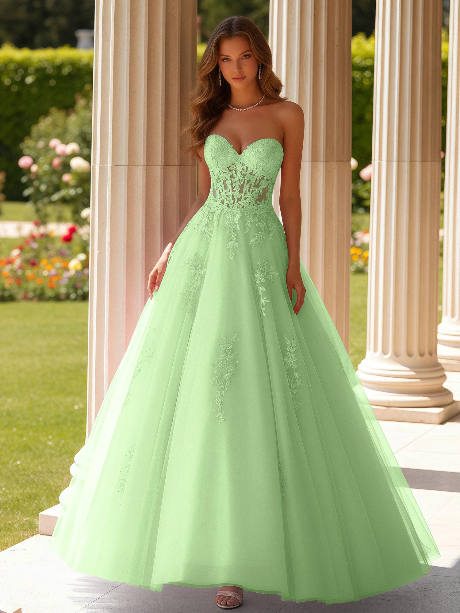 Lace Sweetheart Sheer Corset Applique Tulle Dress Sage