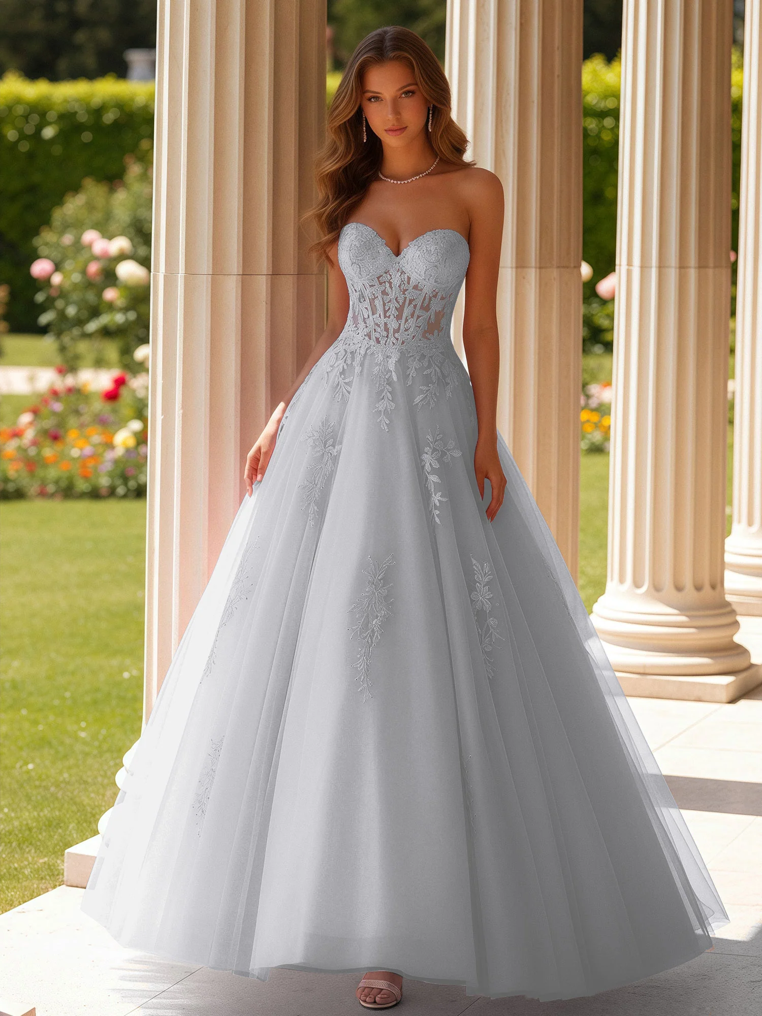 Lace Sweetheart Sheer Corset Applique Tulle Dress Silver