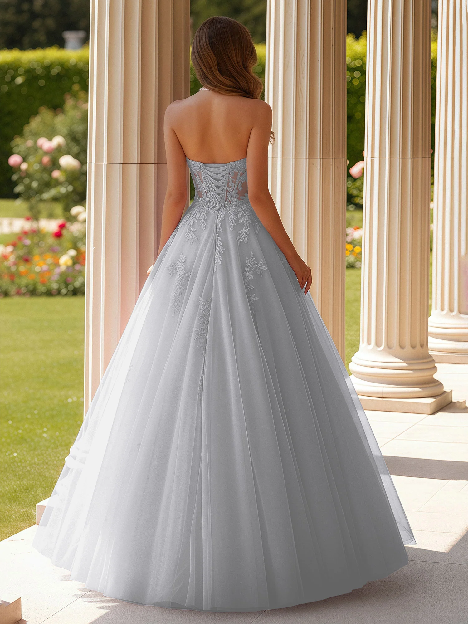 Lace Sweetheart Sheer Corset Applique Tulle Dress Silver - Image 2