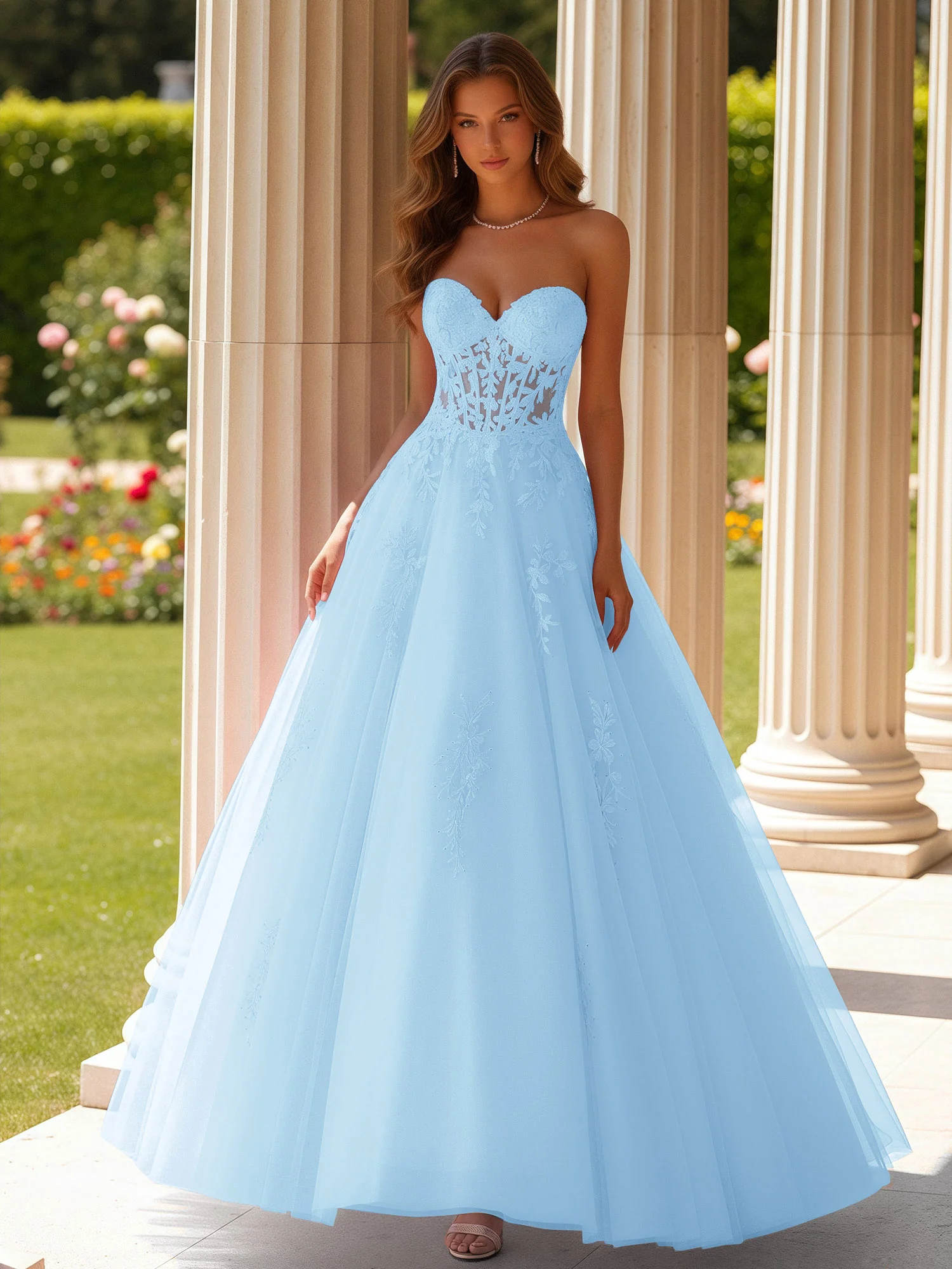 Lace Sweetheart Sheer Corset Applique Tulle Dress Sky Blue