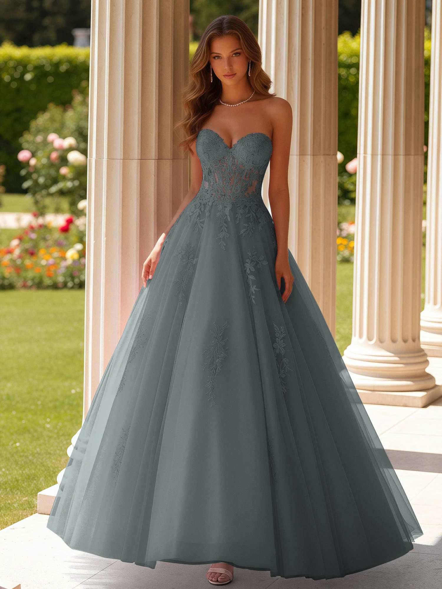 Lace Sweetheart Sheer Corset Applique Tulle Dress Steel Grey