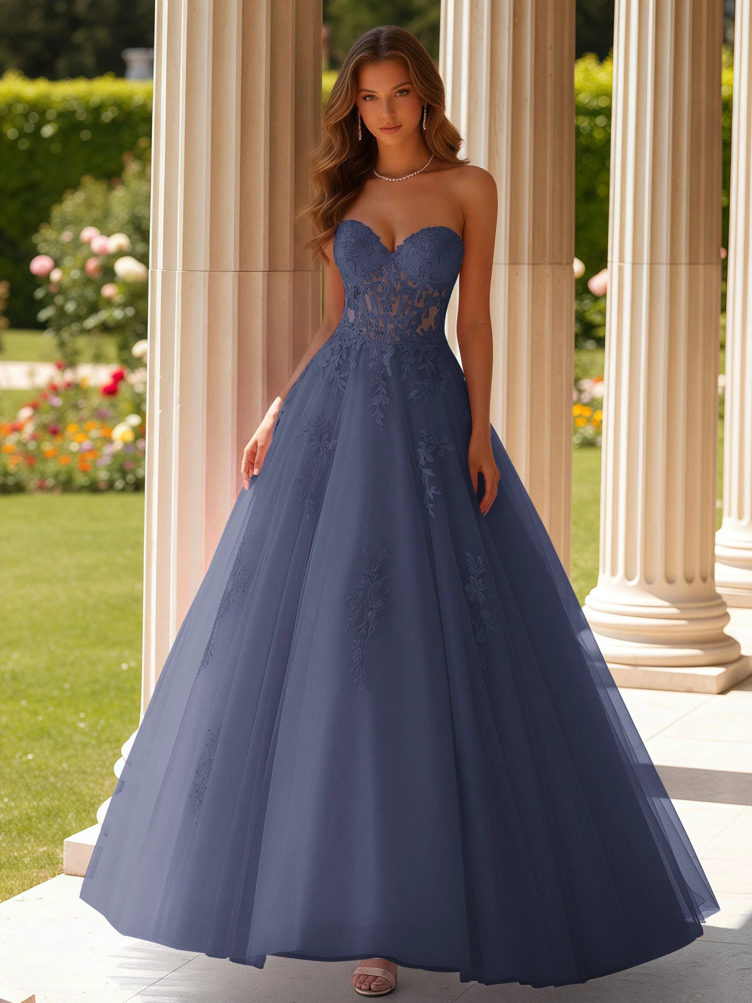 Lace Sweetheart Sheer Corset Applique Tulle Dress Stormy