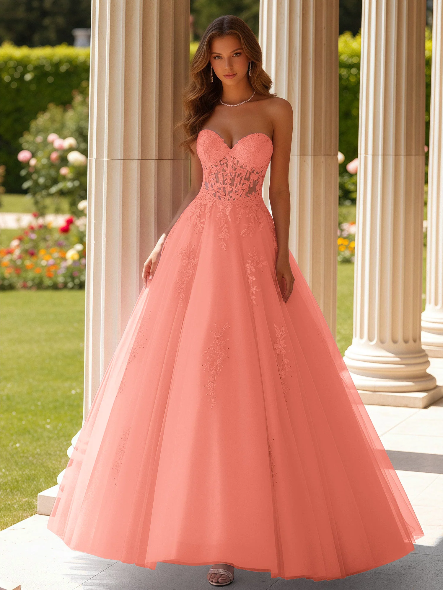 Lace Sweetheart Sheer Corset Applique Tulle Dress Sunset