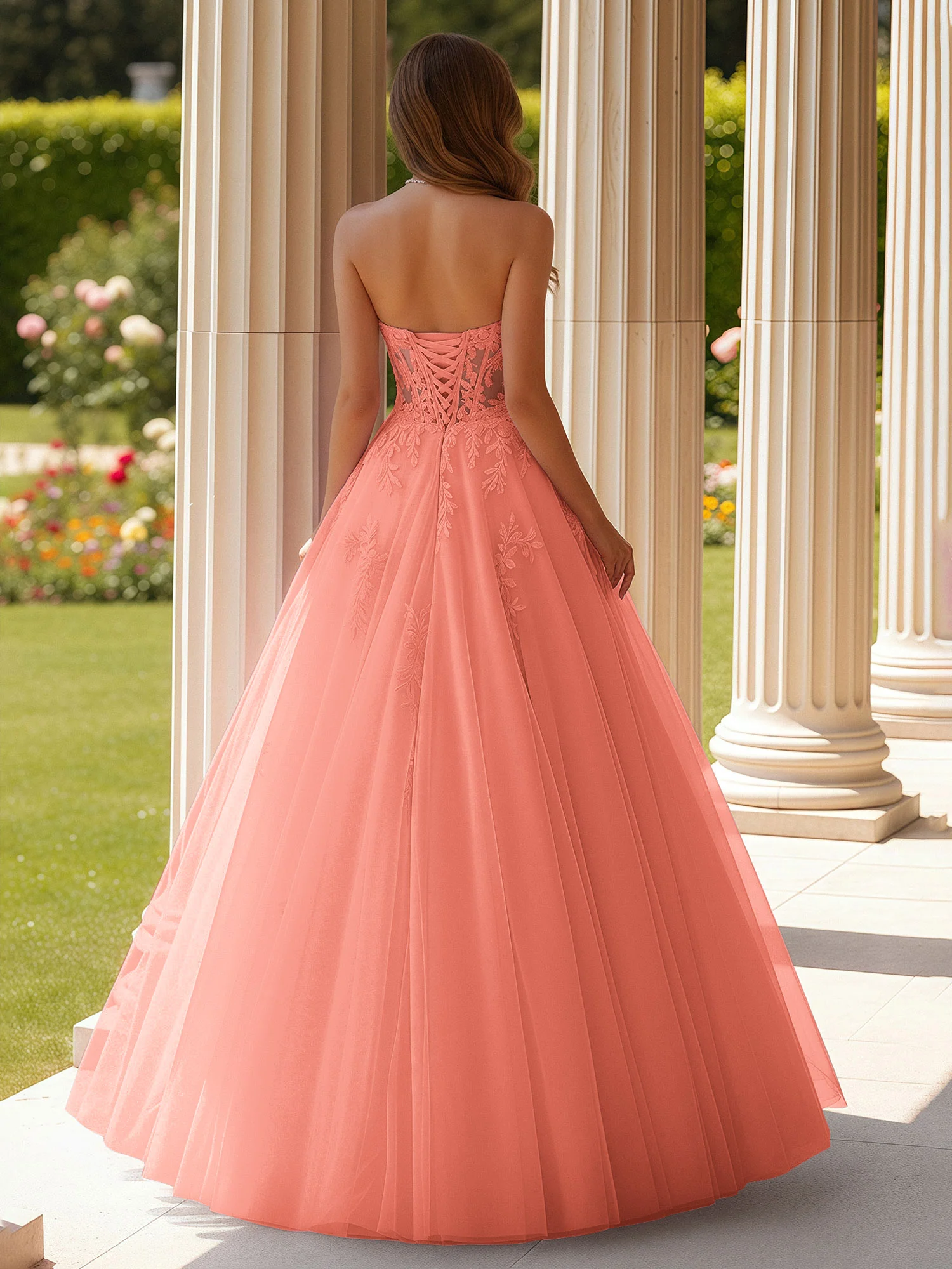 Lace Sweetheart Sheer Corset Applique Tulle Dress Sunset - Image 2