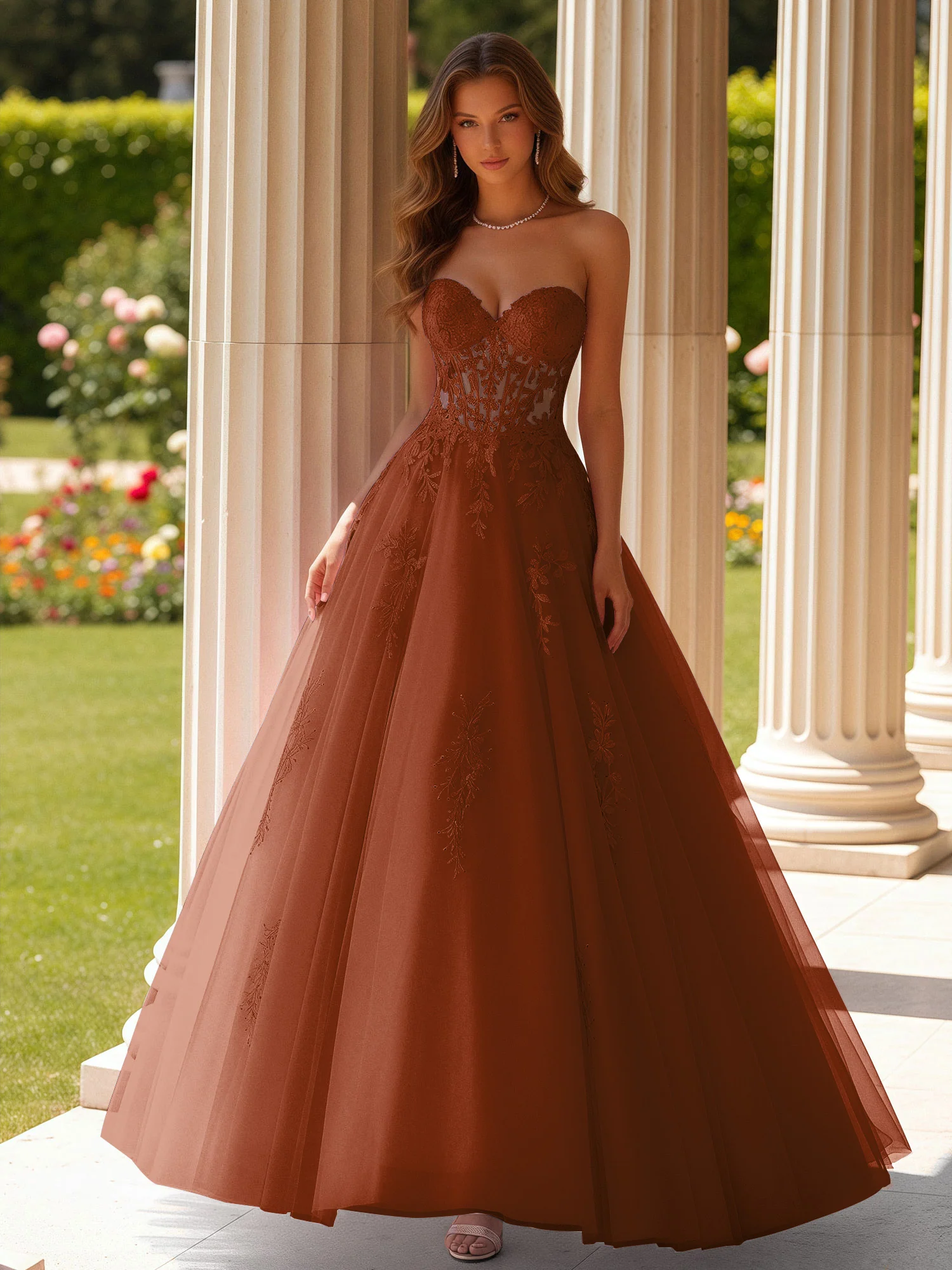 Lace Sweetheart Sheer Corset Applique Tulle Dress Terracotta