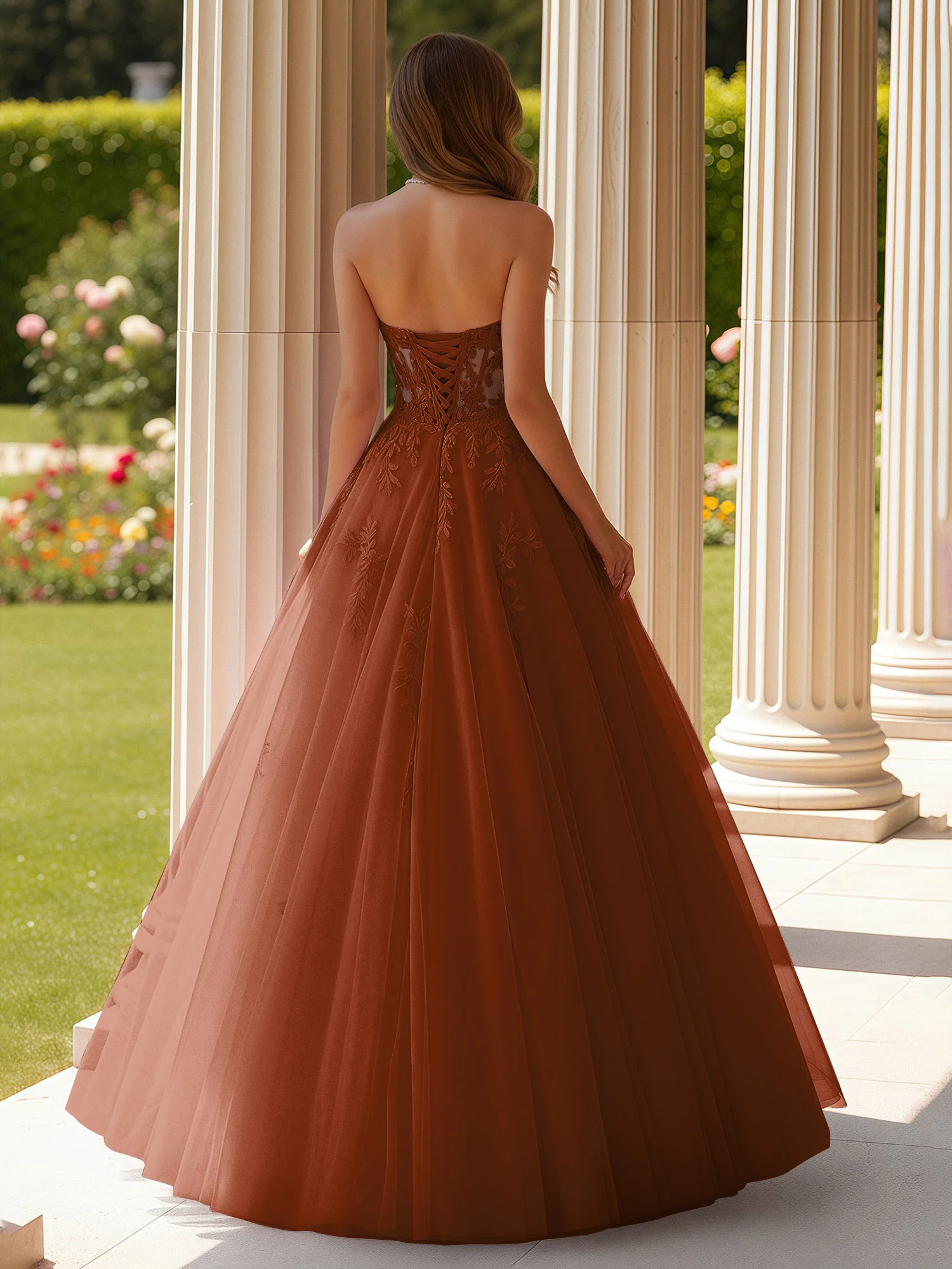 Lace Sweetheart Sheer Corset Applique Tulle Dress Terracotta - Image 2