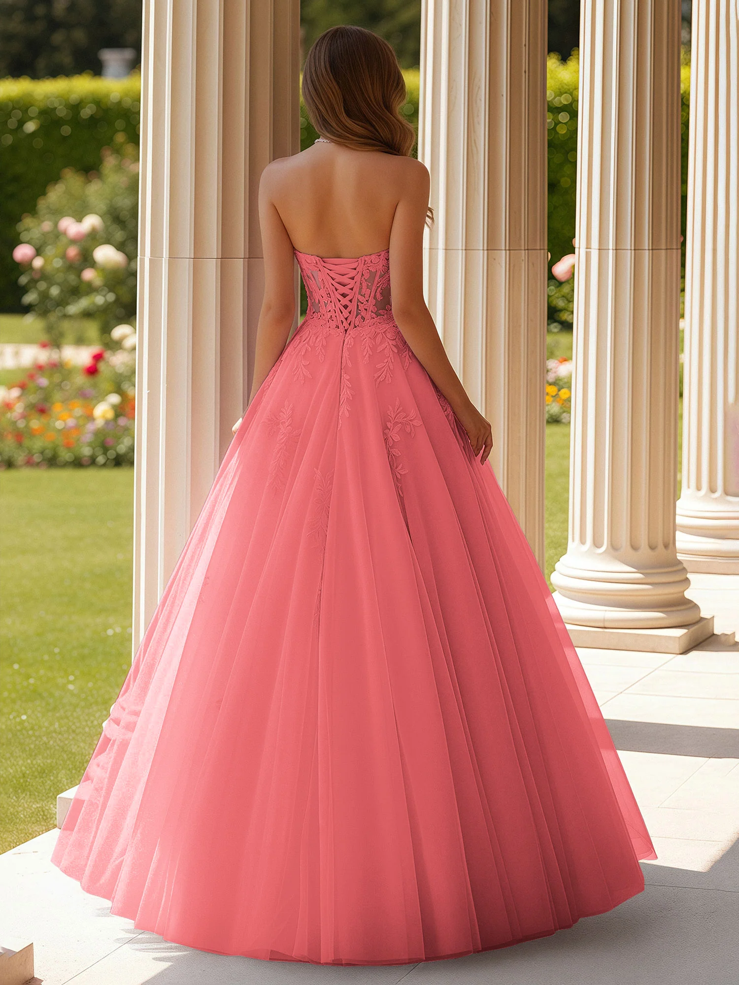 Lace Sweetheart Sheer Corset Applique Tulle Dress Watermelon - Image 2