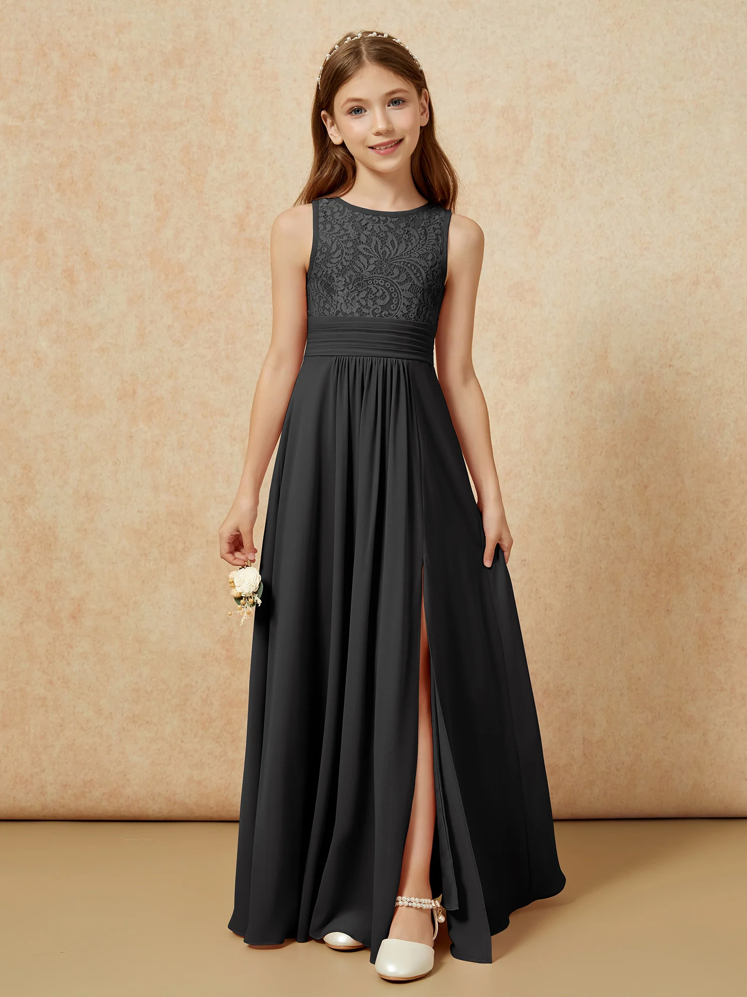 Lace Top A-line Long Junior Bridesmaid Dress Black
