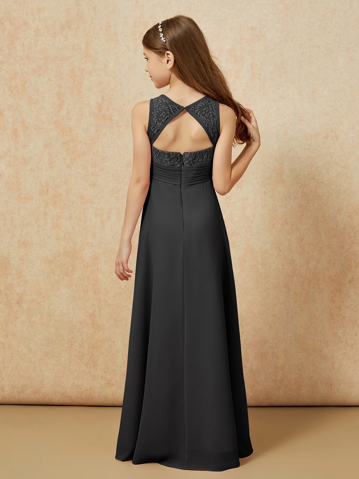 Lace Top A-line Long Junior Bridesmaid Dress Black - Image 2