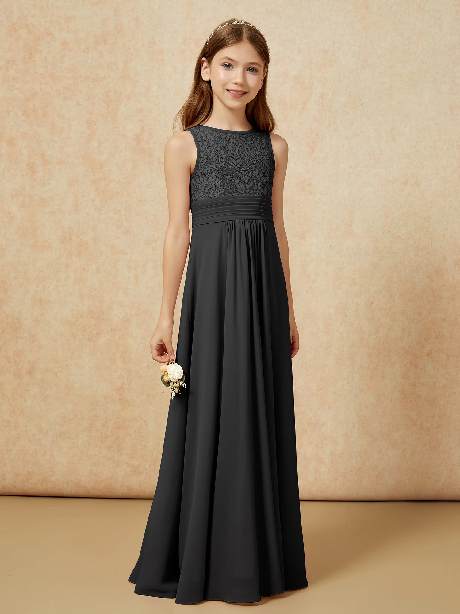 Lace Top A-line Long Junior Bridesmaid Dress Black - Image 3