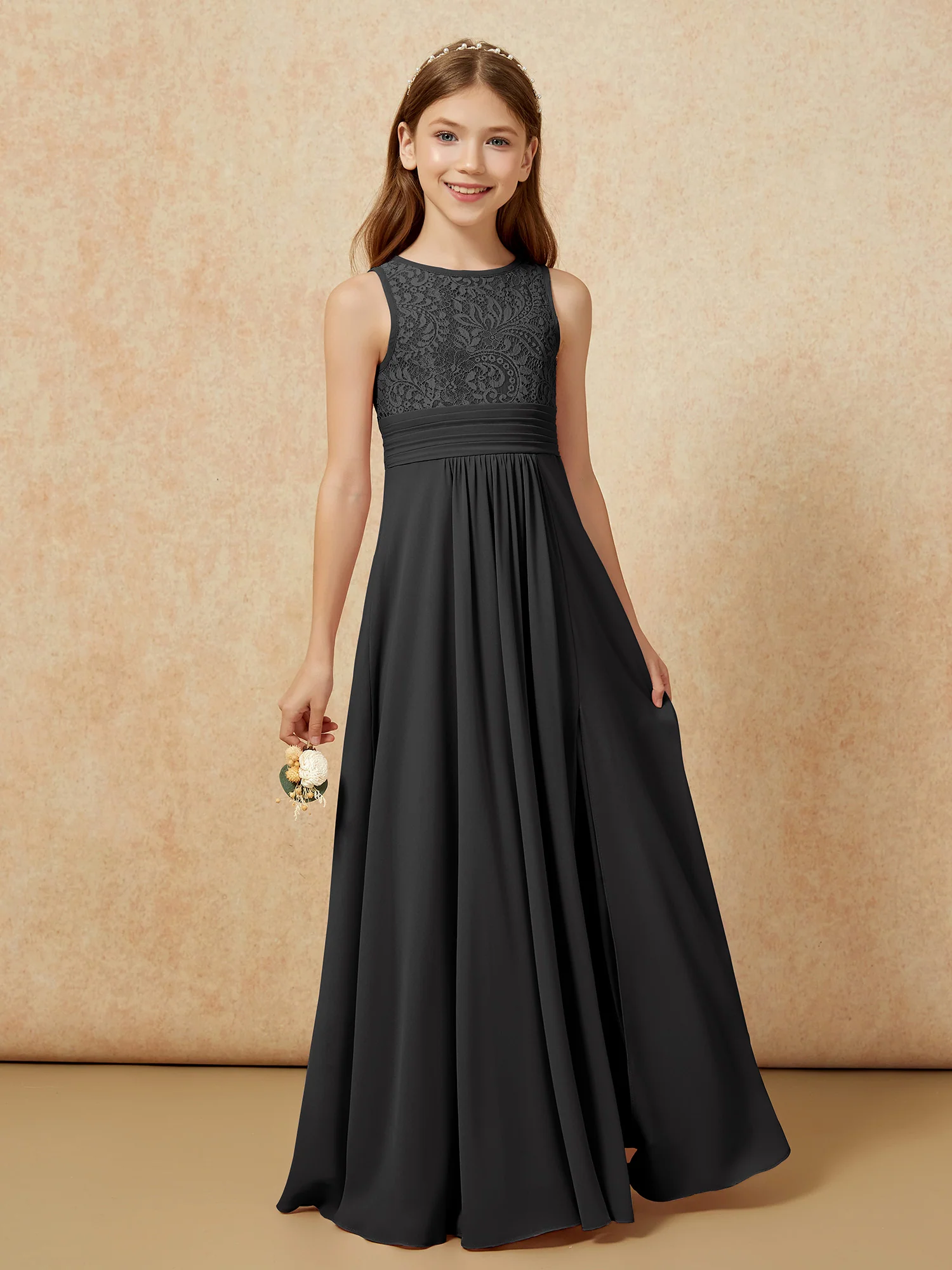 Lace Top A-line Long Junior Bridesmaid Dress Black - Image 5