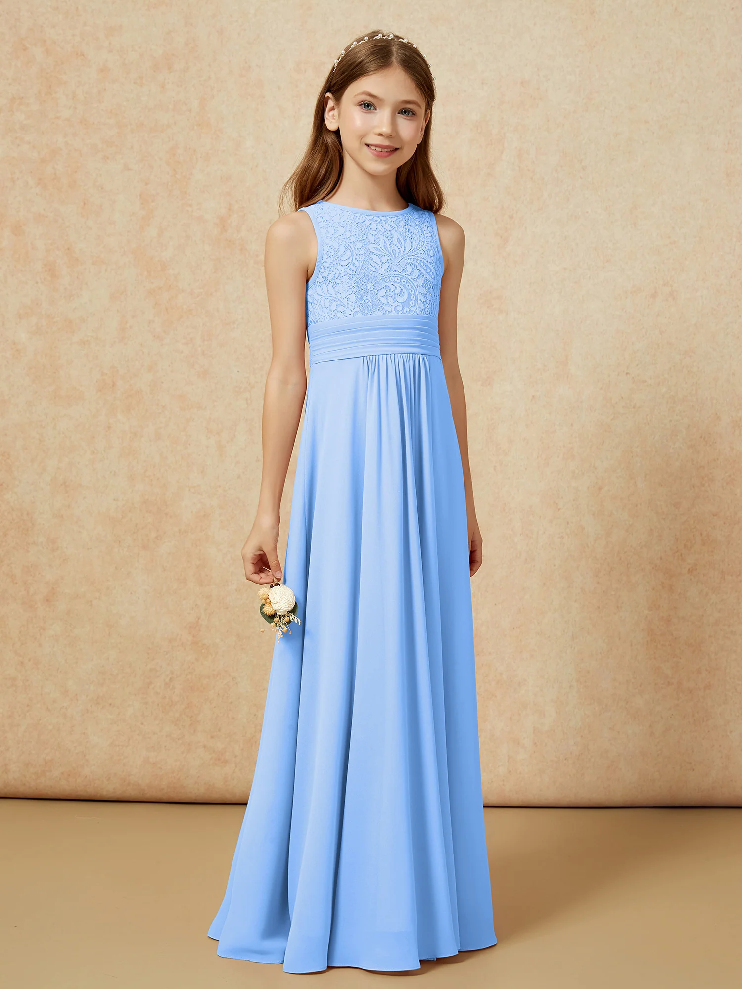 Lace Top A-line Long Junior Bridesmaid Dress Blue - Image 3