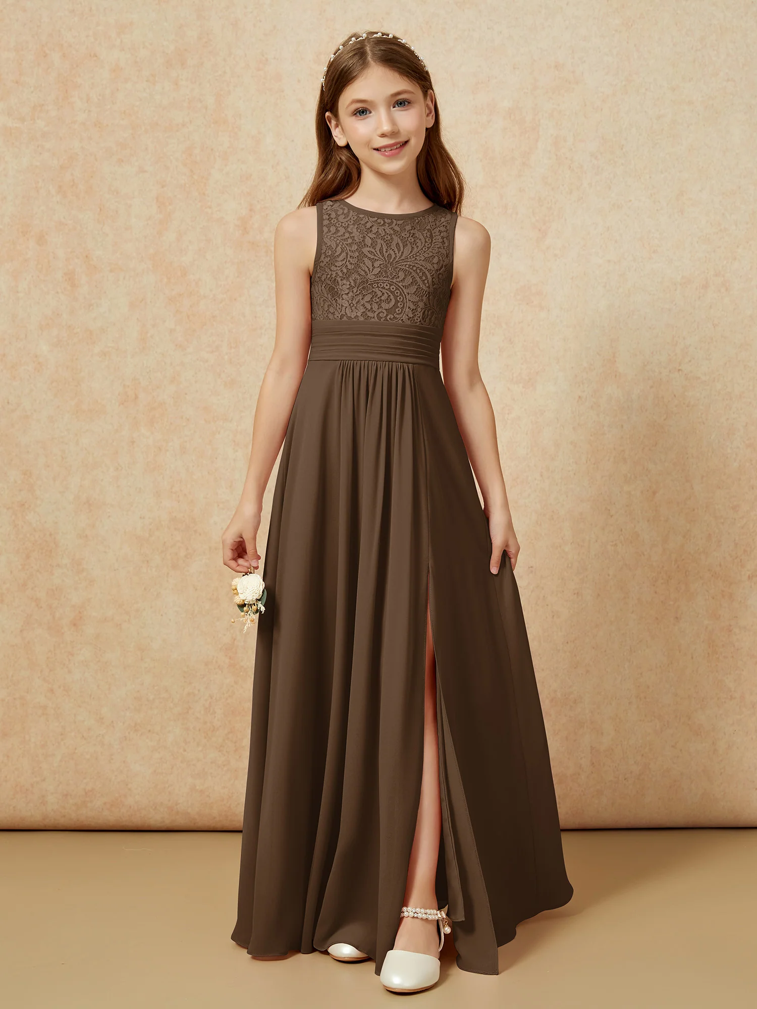 Lace Top A-line Long Junior Bridesmaid Dress Brown