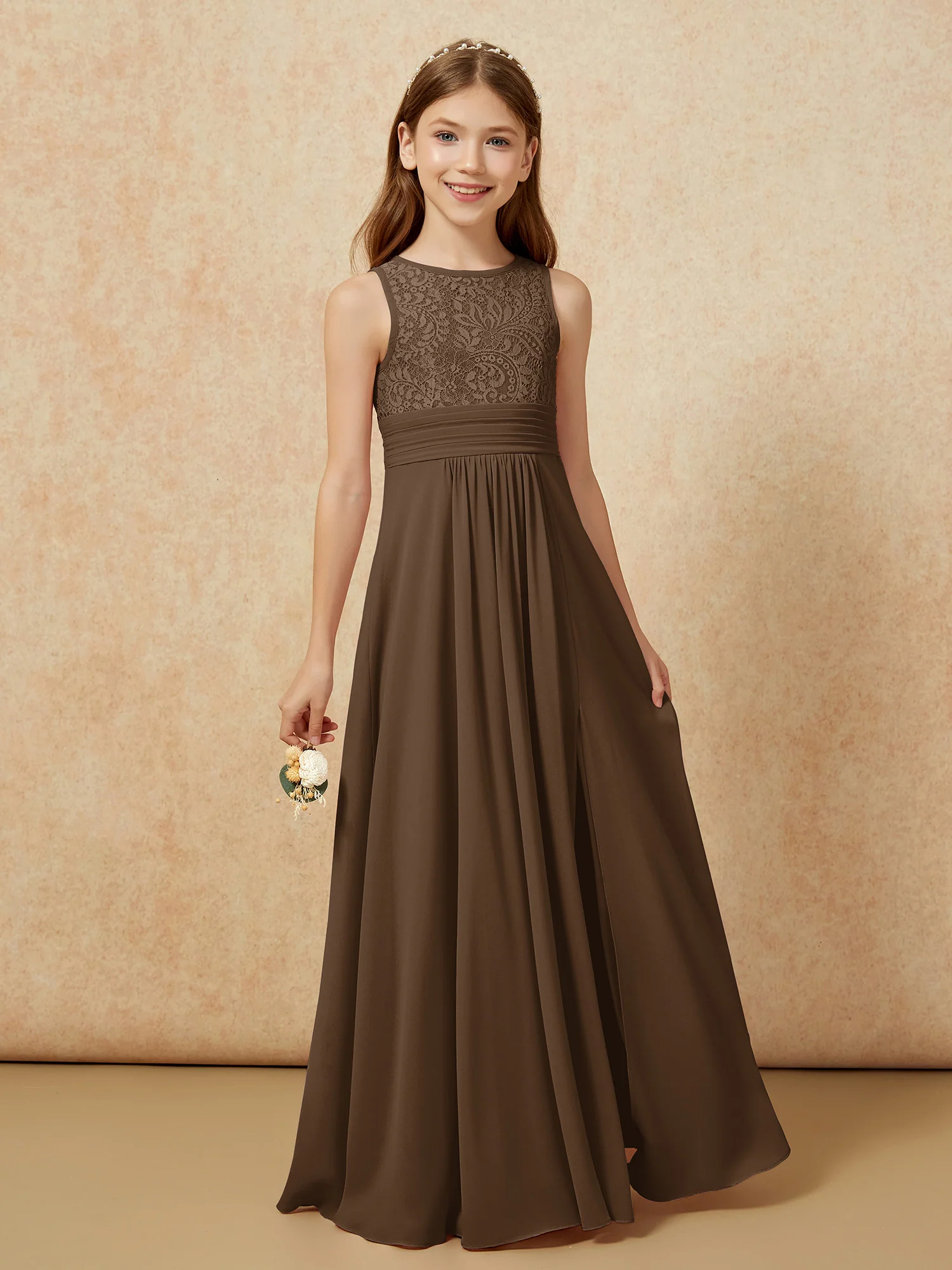 Lace Top A-line Long Junior Bridesmaid Dress Brown - Image 5