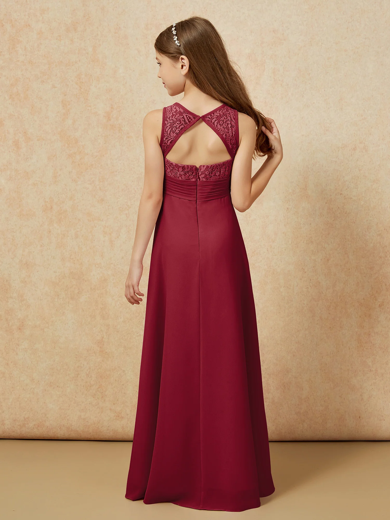 Lace Top A-line Long Junior Bridesmaid Dress Burgundy - Image 2