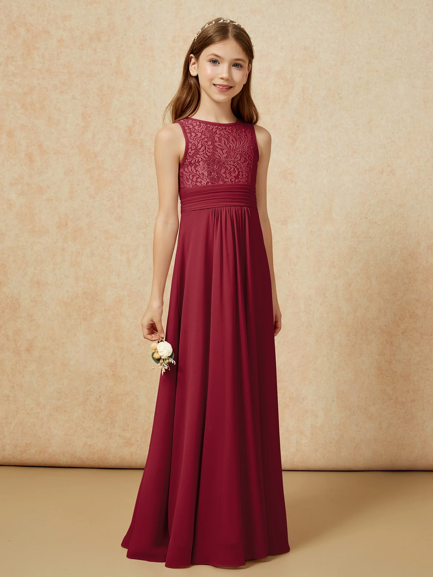 Lace Top A-line Long Junior Bridesmaid Dress Burgundy - Image 3