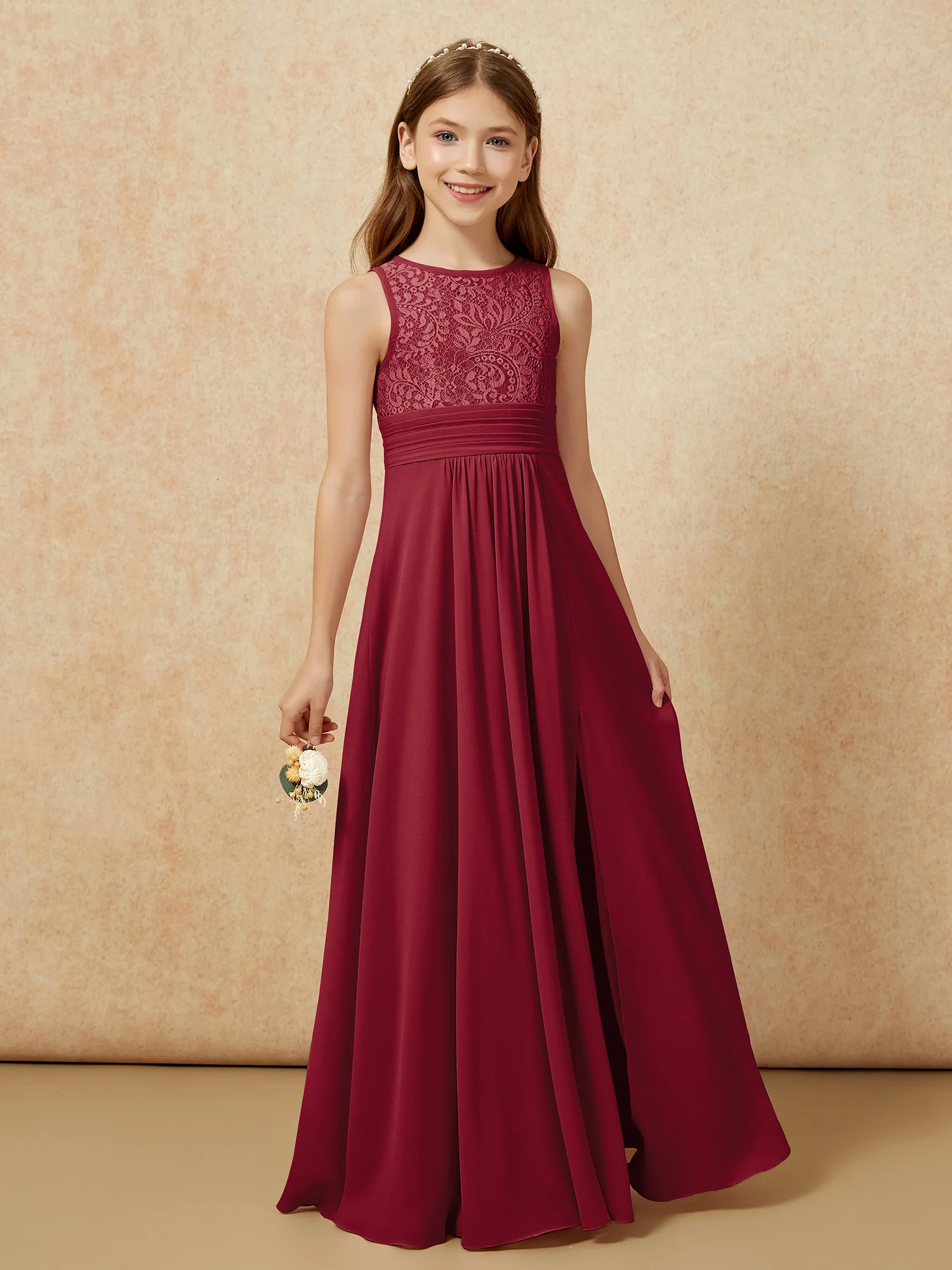 Lace Top A-line Long Junior Bridesmaid Dress Burgundy - Image 5