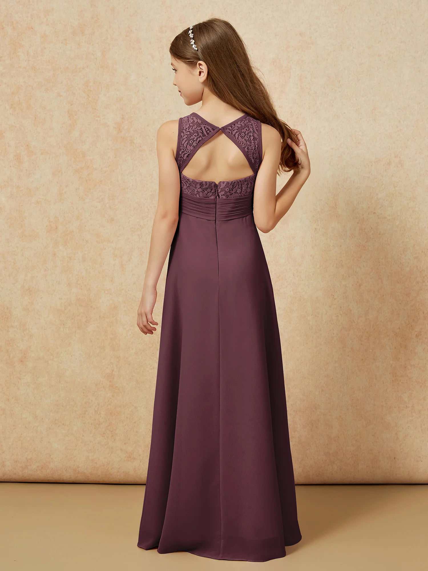 Lace Top A-line Long Junior Bridesmaid Dress Cabernet - Image 2
